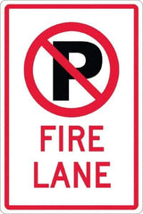 NMC - "Fire Lane", "Strike on P", 12" Wide x 18" High, Aluminum No Parking & Tow Away Signs - 0.08" Thick, Red & Black on White, High Intensity Reflectivity, Rectangle, Post Mount - Apex Tool & Supply