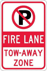 NMC - "Fire Lane Tow-Away Zone", "Strike on P", 12" Wide x 18" High, Aluminum No Parking & Tow Away Signs - 0.08" Thick, Red & Black on White, Engineer Grade Reflectivity, Rectangle, Post Mount - Apex Tool & Supply