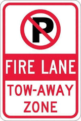 NMC - "Fire Lane Tow-Away Zone", "Strike on P", 12" Wide x 18" High, Aluminum No Parking & Tow Away Signs - 0.08" Thick, Red & Black on White, High Intensity Reflectivity, Rectangle, Post Mount - Apex Tool & Supply