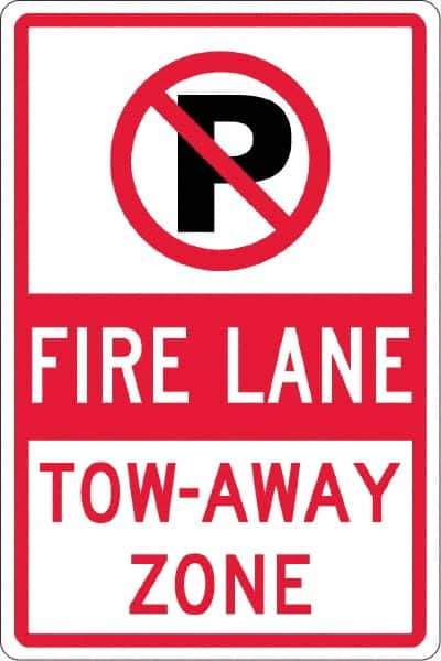 NMC - "Fire Lane Tow-Away Zone", "Strike on P", 12" Wide x 18" High, Aluminum No Parking & Tow Away Signs - 0.063" Thick, Red & Black on White, Rectangle, Post Mount - Apex Tool & Supply