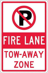 NMC - "Fire Lane Tow-Away Zone", "Strike on P", 12" Wide x 18" High, Aluminum No Parking & Tow Away Signs - 0.063" Thick, Red & Black on White, Rectangle, Post Mount - Apex Tool & Supply