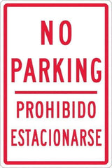 NMC - "No Parking Prohibido Estacionarse", 12" Wide x 18" High, Aluminum No Parking & Tow Away Signs - 0.063" Thick, Red on White, Rectangle, Post Mount - Apex Tool & Supply