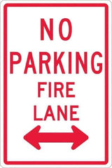 NMC - "No Parking - Fire Lane", "Double Arrow", 12" Wide x 18" High, Aluminum No Parking & Tow Away Signs - 0.08" Thick, Red on White, High Intensity Reflectivity, Rectangle, Post Mount - Apex Tool & Supply
