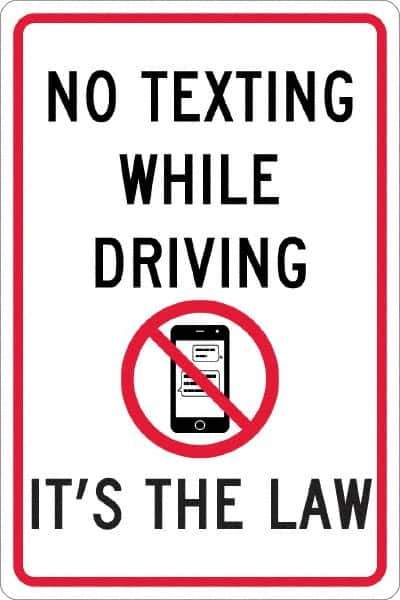 NMC - "No Texting While Driving It's The Law", "Strike on Cell Phone", 12" Wide x 18" High, Aluminum Warning & Safety Reminder Signs - 0.063" Thick, Red & Black on White, Rectangle, Post Mount - Apex Tool & Supply