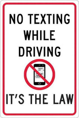 NMC - "No Texting While Driving It's The Law", "Strike on Cell Phone", 12" Wide x 18" High, Aluminum Warning & Safety Reminder Signs - 0.063" Thick, Red & Black on White, Rectangle, Post Mount - Apex Tool & Supply