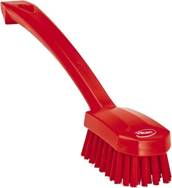 Vikan - 0.8" Bristle Length, Polyester Food Service Brush - 3" Long x 1.6" Wide Head, 10.2" OAL, Ergonomic Handle, Red, Polypropylene Block - Apex Tool & Supply