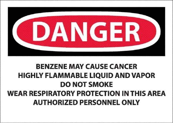 NMC - "Danger - Benzene May Cause Cancer", 10" Long x 14" Wide, Pressure-Sensitive Vinyl Safety Sign - Rectangle, 0.0045" Thick, Use for Hazardous Materials - Apex Tool & Supply