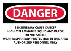 NMC - "Danger - Benzene May Cause Cancer", 10" Long x 14" Wide, Pressure-Sensitive Vinyl Safety Sign - Rectangle, 0.0045" Thick, Use for Hazardous Materials - Apex Tool & Supply