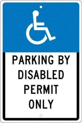 NMC - "Parking By Disabled Permit Only", "Handicap Symbol", 12" Wide x 18" High, Aluminum ADA Signs - 0.063" Thick, White on Blue, Rectangle, Post Mount - Apex Tool & Supply