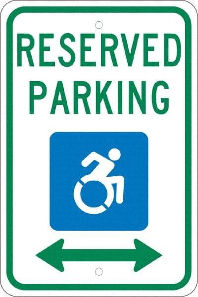 NMC - "Reserved Parking", "Handicap Symbol", 12" Wide x 18" High, Aluminum ADA Signs - 0.08" Thick, Green & Blue on White, Engineer Grade Reflectivity, Rectangle, Post Mount - Apex Tool & Supply