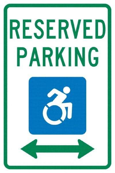 NMC - "Reserved Parking", "Handicap Symbol", 12" Wide x 18" High, Aluminum ADA Signs - 0.04" Thick, Green & Blue on White, Rectangle, Post Mount - Apex Tool & Supply