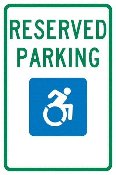 NMC - "Reserved Parking", "Handicap Symbol", 12" Wide x 18" High, Aluminum ADA Signs - 0.04" Thick, Green & Blue on White, Rectangle, Post Mount - Apex Tool & Supply