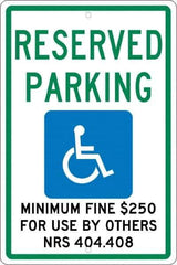 NMC - "Reserved Parking Minimum Fine $250 For Use By Others Nrs 404.408", "Handicap Symbol", 12" Wide x 18" High, Aluminum ADA Signs - 0.063" Thick, Green & Blue on White, Rectangle, Post Mount - Apex Tool & Supply