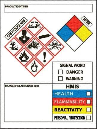 NMC - Hazardous Materials Label, Header: WARNING - Legend: GHS - Graphic, English, White, Red, Blue, Yellow & Black, 3" Long x 4" High, No Coating - Apex Tool & Supply