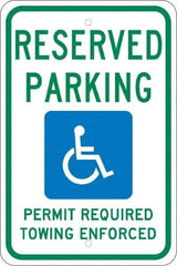 NMC - "Reserved Parking Permit Required Towing Enforced", "Handicap Symbol", 12" Wide x 18" High, Aluminum Reserved Parking Signs - 0.08" Thick, Green & Blue on White, Engineer Grade Reflectivity, Rectangle, Post Mount - Apex Tool & Supply