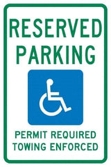 NMC - "Reserved Parking Permit Required Towing Enforced", "Handicap Symbol", 12" Wide x 18" High, Aluminum Reserved Parking Signs - 0.04" Thick, Green & Blue on White, Rectangle, Post Mount - Apex Tool & Supply