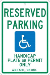 NMC - "Reserved Parking Handicap Plate Or Permit Only A.R.S SEC 28-884", "Handicap Symbol", 12" Wide x 18" High, Aluminum Reserved Parking Signs - 0.063" Thick, Green & Blue on White, Rectangle, Post Mount - Apex Tool & Supply