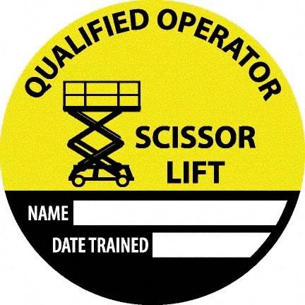 NMC - Safety Trained Scissor Lift - Name ____ Date Trained ____, Hard Hat Label - Round, Yellow, Black, White, 0.004" Thick, Indoor or Outdoor, Adhesive Backed, For Accident Prevention - Apex Tool & Supply