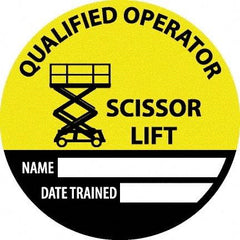 NMC - Safety Trained Scissor Lift - Name ____ Date Trained ____, Hard Hat Label - Round, Yellow, Black, White, 0.004" Thick, Indoor or Outdoor, Adhesive Backed, For Accident Prevention - Apex Tool & Supply