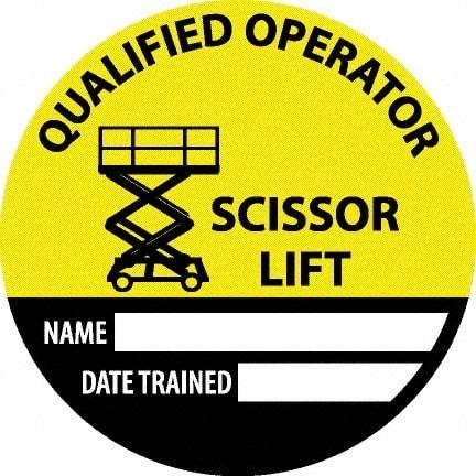 NMC - Safety Trained Scissor Lift - Name ____ Date Trained ____, Hard Hat Label - Round, Yellow, Black, White, 0.004" Thick, Indoor or Outdoor, Adhesive Backed, For Accident Prevention - Apex Tool & Supply