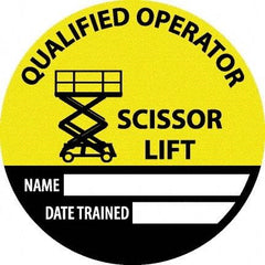 NMC - Safety Trained Scissor Lift - Name ____ Date Trained ____, Hard Hat Label - Round, Yellow, Black, White, 0.004" Thick, Indoor or Outdoor, Adhesive Backed, For Accident Prevention - Apex Tool & Supply