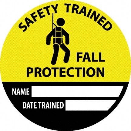 NMC - Safety Trained Fall Protection - Name ____ Date Trained ____, Hard Hat Label - Round, Yellow, Black, White, 0.004" Thick, Indoor or Outdoor, Adhesive Backed, For Accident Prevention - Apex Tool & Supply