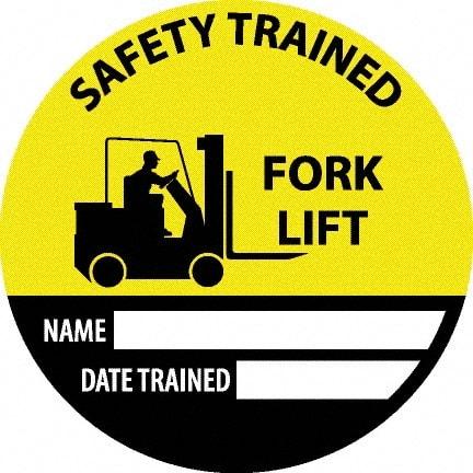 NMC - Safety Trained Fork Lift - Name ____ Date Trained ____, Hard Hat Label - Round, Yellow, Black, White, 0.004" Thick, Indoor or Outdoor, Adhesive Backed, For Accident Prevention - Apex Tool & Supply