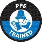 NMC - PPE Trained, Hard Hat Label - Round, Black & Blue on White, 0.004" Thick, Indoor or Outdoor, Adhesive Backed, For Accident Prevention - Apex Tool & Supply