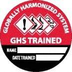 NMC - Globally Harmonized System GHS Trained - Name ____ Date Trained ____, Hard Hat Label - Round, Black & White on Red, 0.004" Thick, Indoor or Outdoor, Adhesive Backed, For Accident Prevention - Apex Tool & Supply