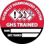 NMC - Globally Harmonized System GHS Trained - Name ____ Date Trained ____, Hard Hat Label - Diamond, Black & White on Red, 0.004" Thick, Indoor or Outdoor, Adhesive Backed, For Accident Prevention - Apex Tool & Supply