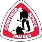 NMC - Confined Space Trained, Hard Hat Label - Triangle, Black & Red on White, 0.004" Thick, Indoor or Outdoor, Adhesive Backed, For Accident Prevention - Apex Tool & Supply