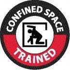 NMC - Confined Space Trained, Hard Hat Label - Round, Black & Red on White, 0.004" Thick, Indoor or Outdoor, Adhesive Backed, For Accident Prevention - Apex Tool & Supply