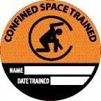NMC - Confined Space Trained - Name ____ Date Trained ____, Hard Hat Label - Round, Black & Orange on White, 0.004" Thick, Indoor or Outdoor, Adhesive Backed, For Accident Prevention - Apex Tool & Supply