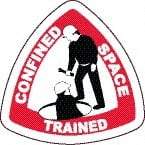 NMC - Confined Space Trained, Hard Hat Label - Triangle, Black & Red on White, 0.004" Thick, Indoor or Outdoor, Adhesive Backed, For Accident Prevention - Apex Tool & Supply