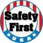 NMC - Safety First USA, Hard Hat Label - Round, Red, White, Blue & Black on White, 0.004" Thick, Indoor or Outdoor, Adhesive Backed, For Accident Prevention - Apex Tool & Supply