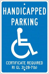 NMC - "Handicapped Parking Certificate Required", "Handicap Symbol", 12" Wide x 18" High, Aluminum ADA Signs - 0.063" Thick, White on Blue, Rectangle, Post Mount - Apex Tool & Supply