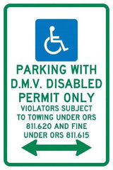 NMC - "Parking With D.M.V. Disabled Permit Only", "Double Arrow, Handicapped Symbol", 12" Wide x 18" High, Aluminum ADA Signs - 0.04" Thick, Green & Blue on White, Rectangle, Post Mount - Apex Tool & Supply