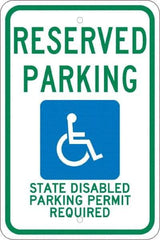 NMC - "Reserved Parking State Disabled Parking Permit Required", "Handicap Symbol", 12" Wide x 18" High, Aluminum ADA Signs - 0.08" Thick, Green & Blue on White, Engineer Grade Reflectivity, Rectangle, Post Mount - Apex Tool & Supply