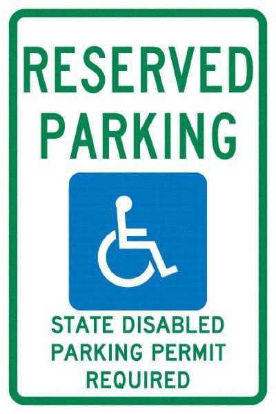 NMC - "Reserved Parking State Disabled Parking Permit Required", "Handicap Symbol", 12" Wide x 18" High, Aluminum ADA Signs - 0.04" Thick, Green & Blue on White, Rectangle, Post Mount - Apex Tool & Supply