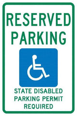 NMC - "Reserved Parking State Disabled Parking Permit Required", "Handicap Symbol", 12" Wide x 18" High, Aluminum ADA Signs - 0.04" Thick, Green & Blue on White, Rectangle, Post Mount - Apex Tool & Supply