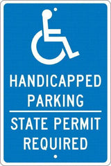 NMC - "Handicapped Parking State Permit Required", "Handicap Symbol", 12" Wide x 18" High, Aluminum ADA Signs - 0.063" Thick, White on Blue, Rectangle, Post Mount - Apex Tool & Supply