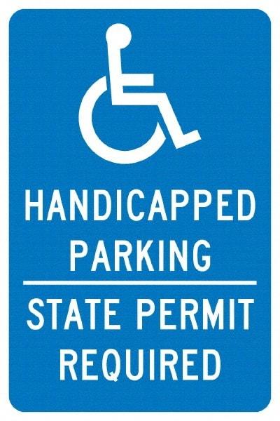 NMC - "Handicapped Parking State Permit Required", "Handicap Symbol", 12" Wide x 18" High, Aluminum ADA Signs - 0.04" Thick, White on Blue, Rectangle, Post Mount - Apex Tool & Supply