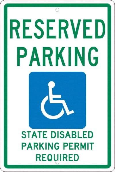 NMC - "Reserved Parking State Disabled Parking Permit Required", "Handicap Symbol", 12" Wide x 18" High, Aluminum ADA Signs - 0.063" Thick, Green & Blue on White, Rectangle, Post Mount - Apex Tool & Supply