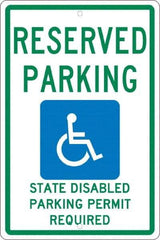 NMC - "Reserved Parking State Disabled Parking Permit Required", "Handicap Symbol", 12" Wide x 18" High, Aluminum ADA Signs - 0.063" Thick, Green & Blue on White, Rectangle, Post Mount - Apex Tool & Supply