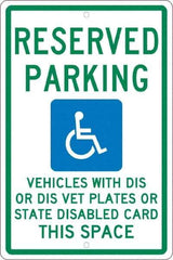 NMC - "Reserved Parking Vehicles With Dis Or Dis Vet Plates Or State Disabled Card This Space", "Handicap Symbol", 12" Wide x 18" High, Aluminum ADA Signs - 0.063" Thick, Green & Blue on White, Rectangle, Post Mount - Apex Tool & Supply