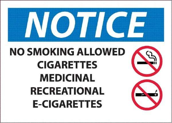 NMC - "No Smoking Allowed, Cigarettes, Medicinal,Recreational,E-Cigs", 10" Long x 14" Wide, Pressure-Sensitive Vinyl Safety Sign - Rectangle, 0.045" Thick, Use for Smoking Regulations - Apex Tool & Supply