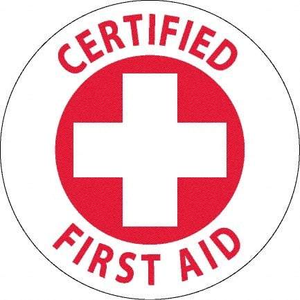 NMC - Certified First Aid, Hard Hat Label - Red on White, 0.045" Thick, For Accident Prevention - Apex Tool & Supply