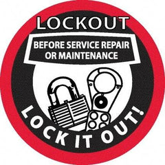 NMC - Lockout Before Service Repair or Maintenance - Lock It Out, Hard Hat Label - Black & Red on White, 0.045" Thick, For Accident Prevention - Apex Tool & Supply