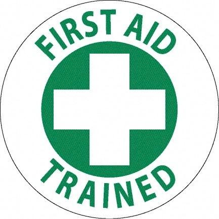 NMC - First Aid Trained, Hard Hat Label - Green on White, 0.045" Thick, For Accident Prevention - Apex Tool & Supply