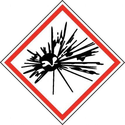 NMC - Hazardous Materials Label, Header: Explosive Warning - Legend: GHS - Graphic, English, Black & Red, 4" Long x 4" High, No Coating - Apex Tool & Supply